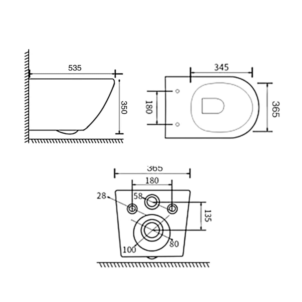 Product dimensions of wall-mounted toilets